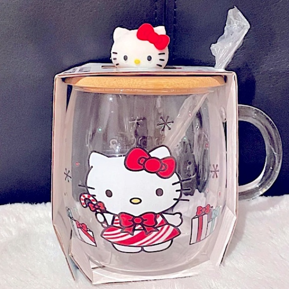 Hello Kitty Glass Mug Christmas Holiday Striped Dress Wood Lid Topper Spoon